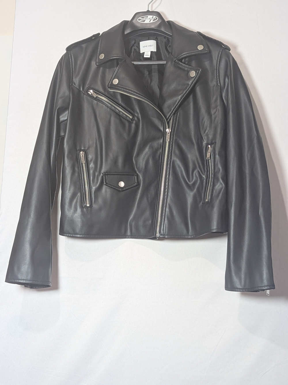 NWT Nine West black faux leather moto jacket in women’s size Large